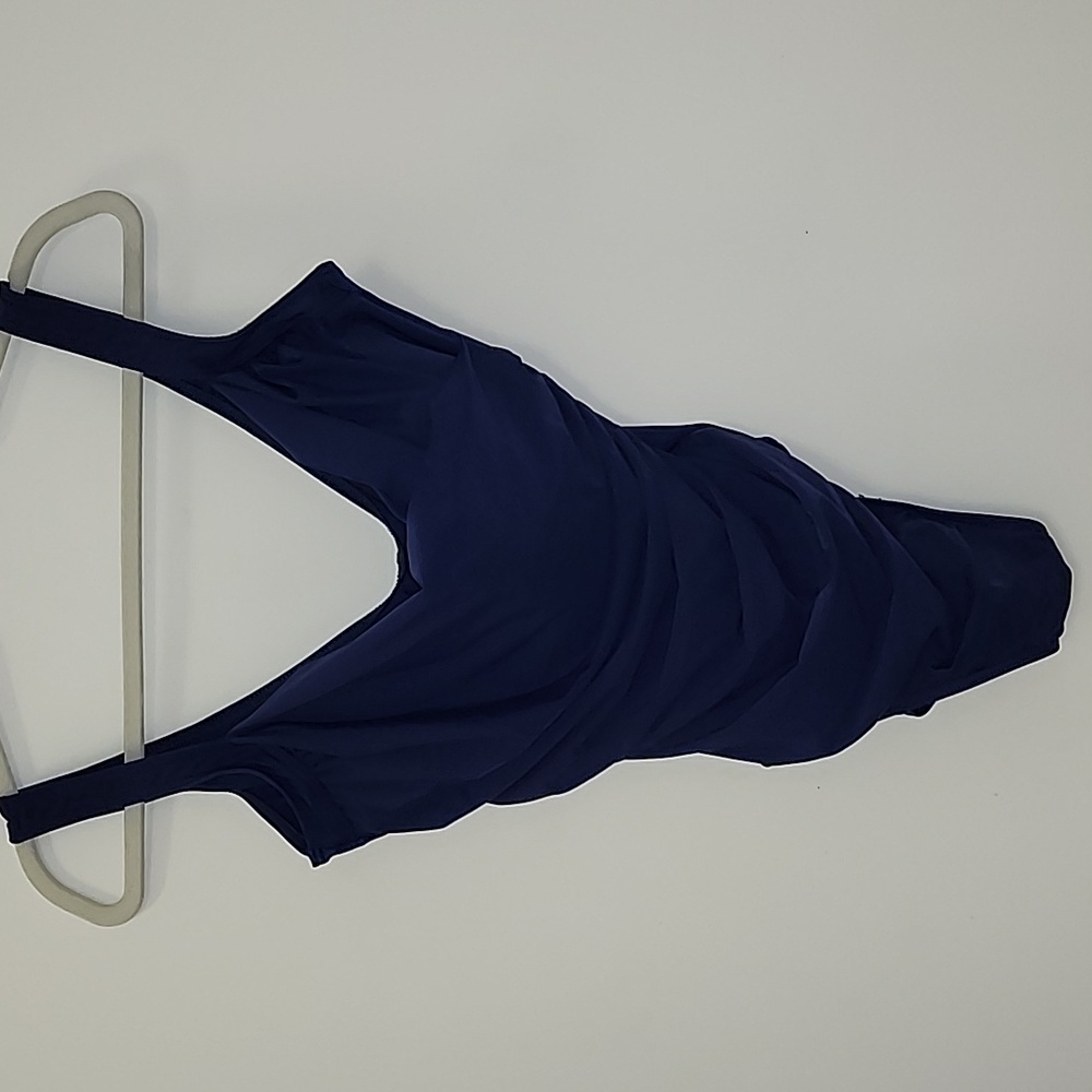 Miraclesuit CoastalSanibel OnePiece Swimsuit Sz 14DBlue Ruched Faux Wrap Slimmin - Picture 2 of 16
